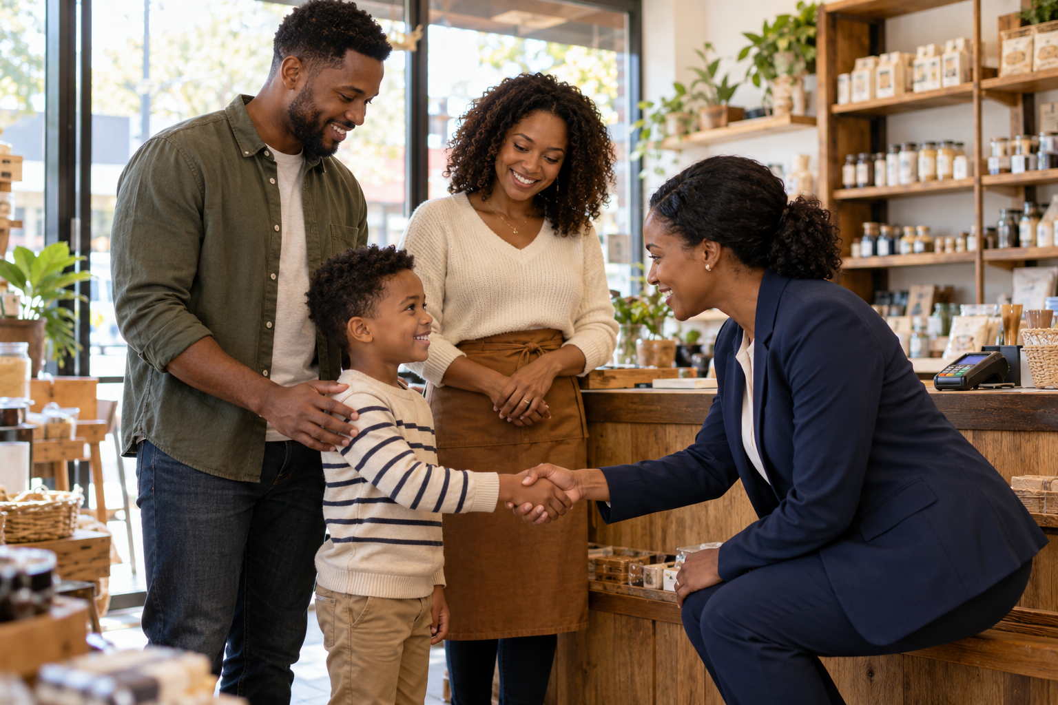 Illustrative family business scene: young parents watch a business adviser greet their child in their shop.