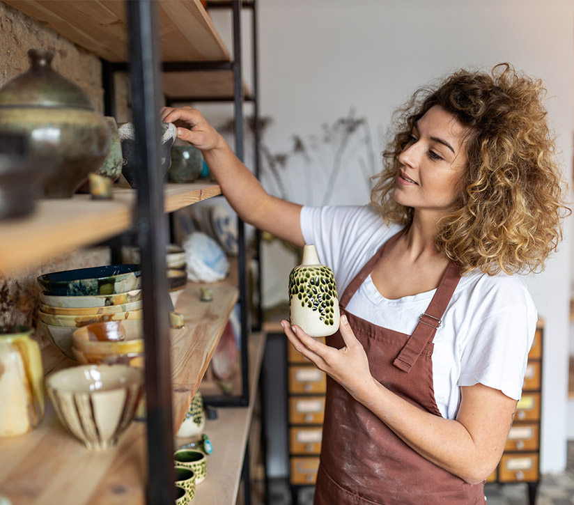 Shop owner arranging ceramics on a retail shelf