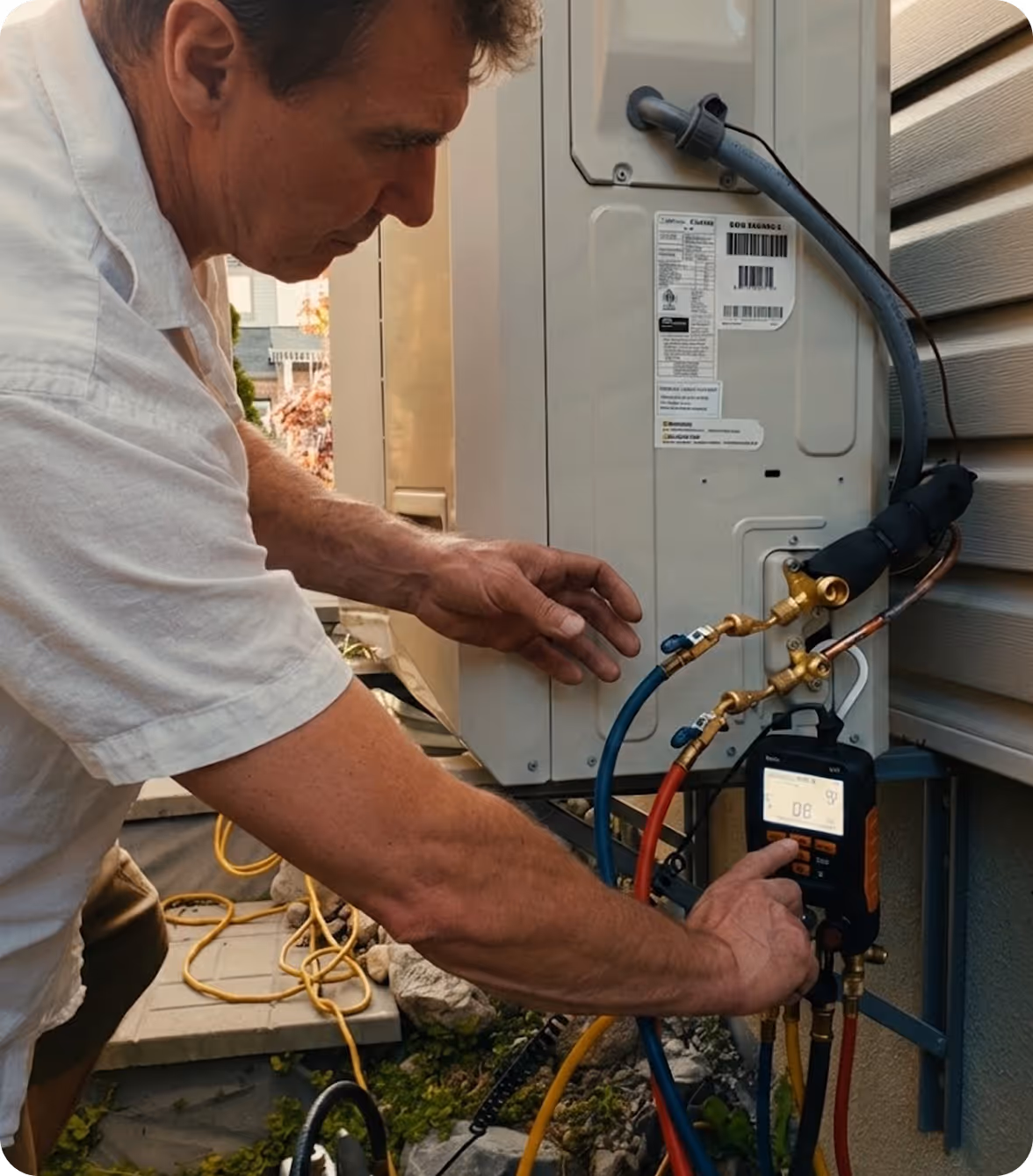 Service technician maintaining outdoor HVAC equipment